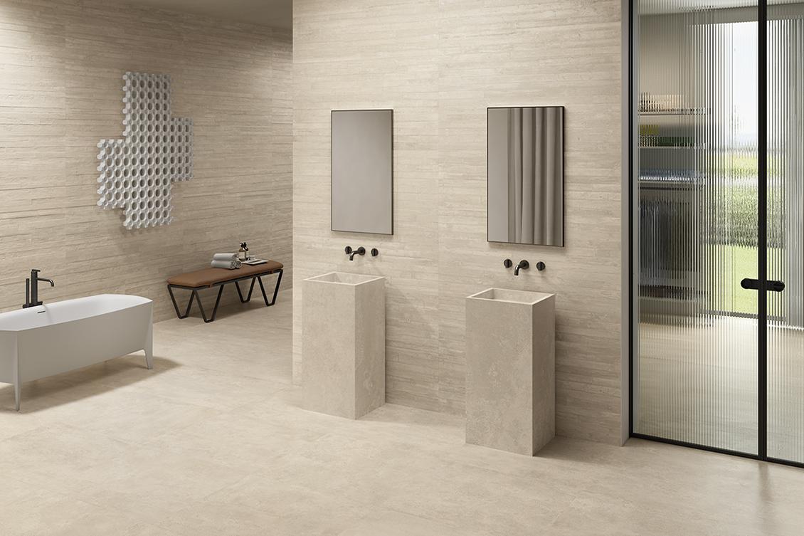 Salle de bains moderne et élégante avec le grès cérame imitation ciment
